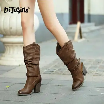 

DIJIGIRLS Winter Thick Heels Buckle Retro Women Half Boots Spring Autumn Fashion Lady Vintage Martin Motorcycle Knight Boots