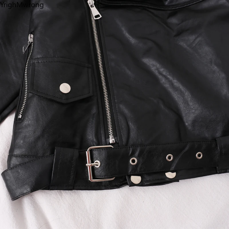 Silver Black Belt Sashes Faux PU Leather Slim Jacket Autumn Spring Women Luxury Windbreaker Motorcycle Coat Biker Top Streetwear