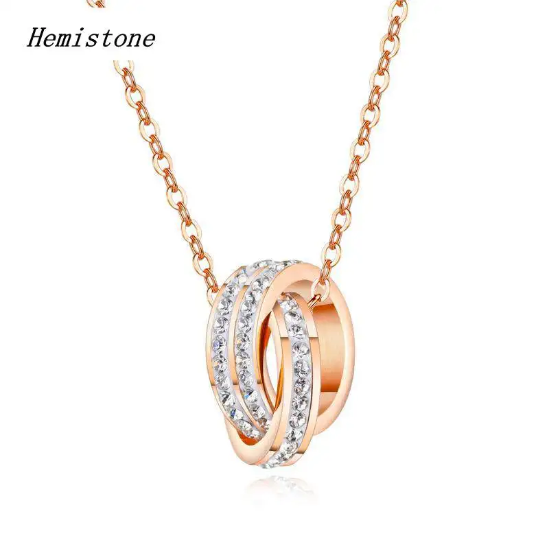 Hemiston Rosegold покрытием двойная круглая подвеска с белым цирконием титановая сталь
