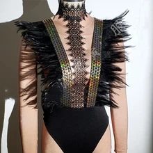 Женский танцевальный сценический костюм сексуальный черный перо блестки ГОГО танцор джаза наряд для ночного клуба или бара певица представление боди DWY2544