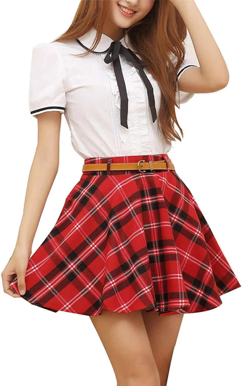 Женская и Девичья рубашка с коротким рукавом, клетчатая юбка, школьная форма, плиссированная мини-юбка в шотландскую клетку, костюм, веселый костюм команды
