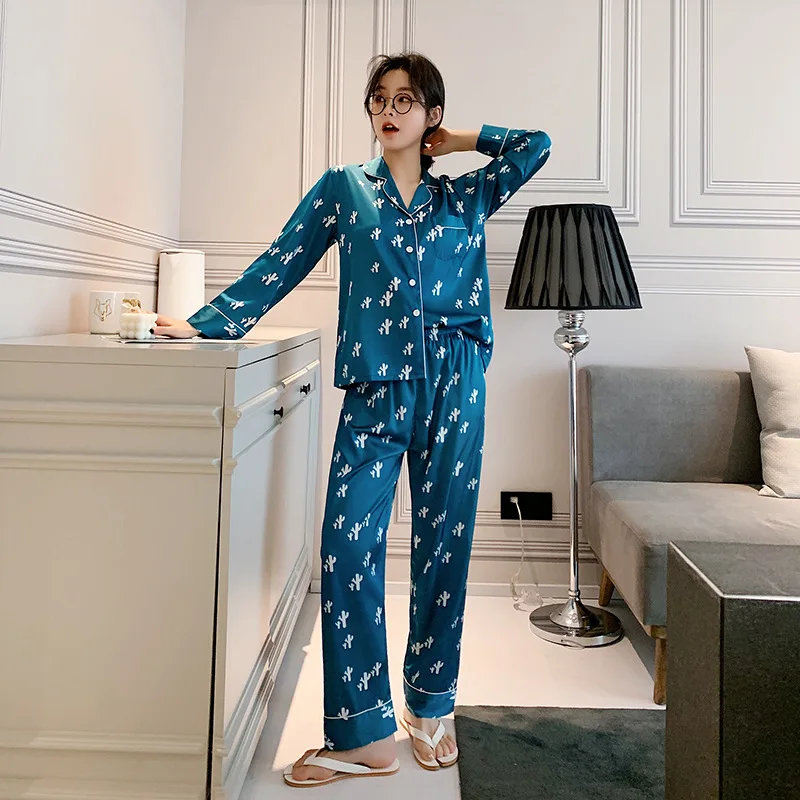 

Women Spring And Summer Simulation Silk Ladies Pajamas Long Sleeve Sweet Small Fresh Suit Home Service