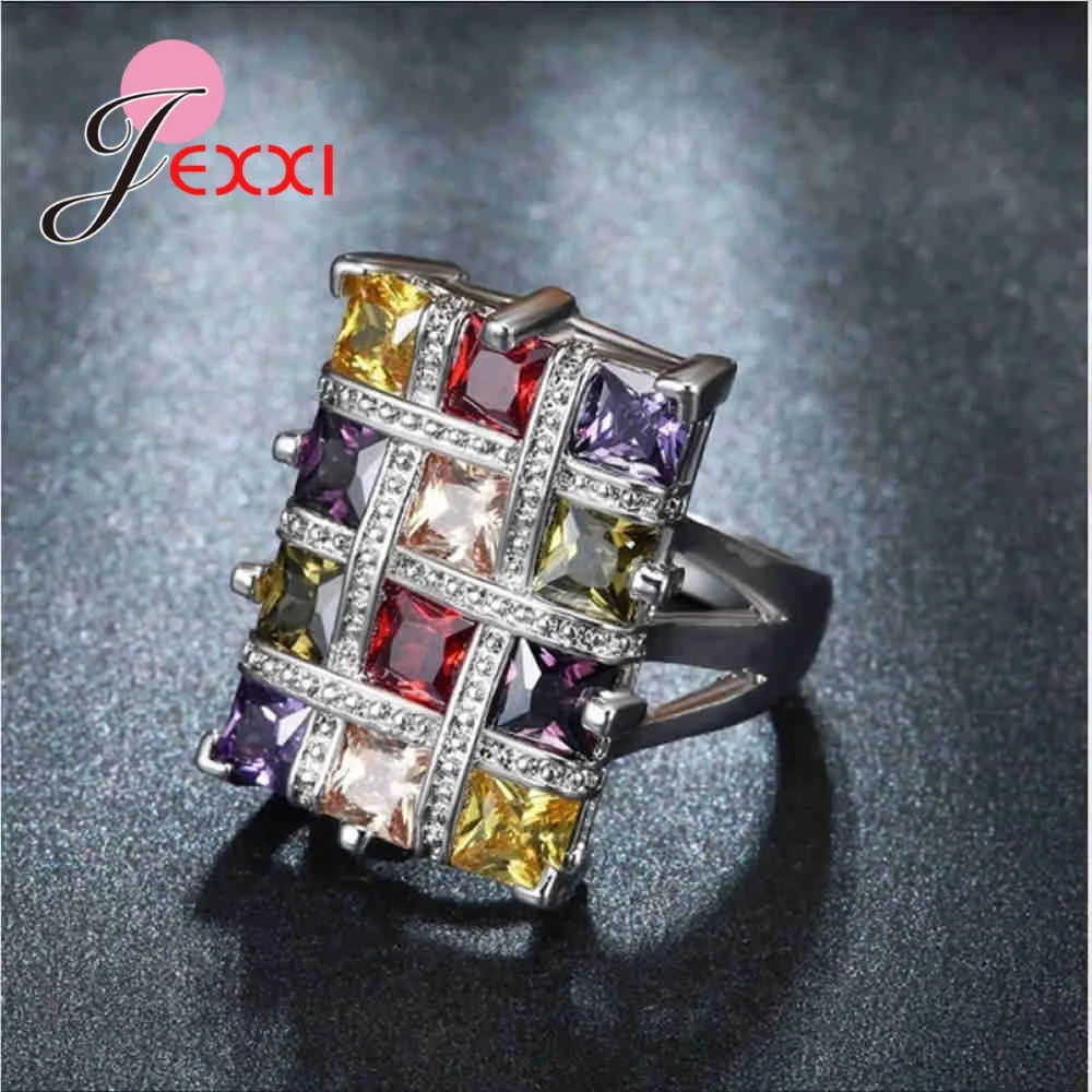 Модное массивное кольцо с кубическим цирконием, 925 пробы, серебряное, многоцветное, с кристаллами, обручальное, обручальное, для женщин, ювелирное изделие