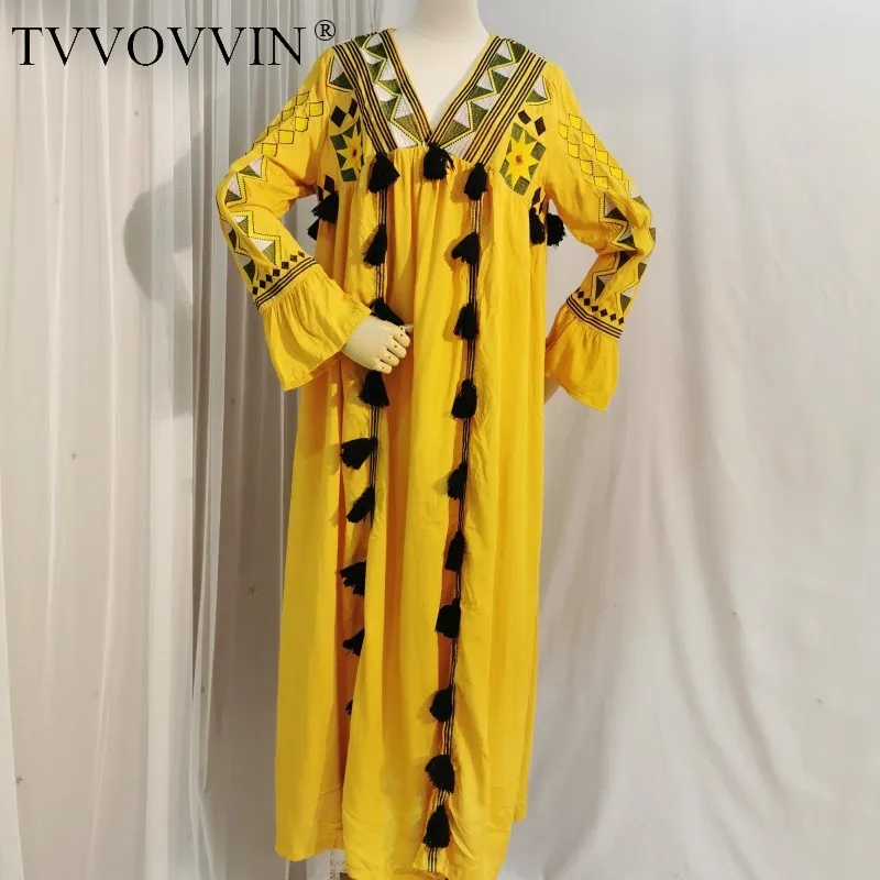 TVVOVVIN Morocco Ins India National Style Trip Shoot Loose Embroidery Tassled Patchwork Dress Women OC5B | Женская одежда