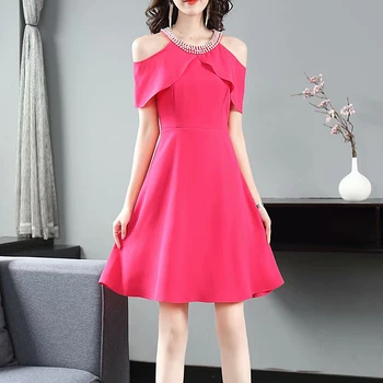 

Mini Dress Designer High Quality Summer 2020 New Women'S Party Sexy Elegant Chic Pearl Beading Crew Neck Off Shoulder Dress