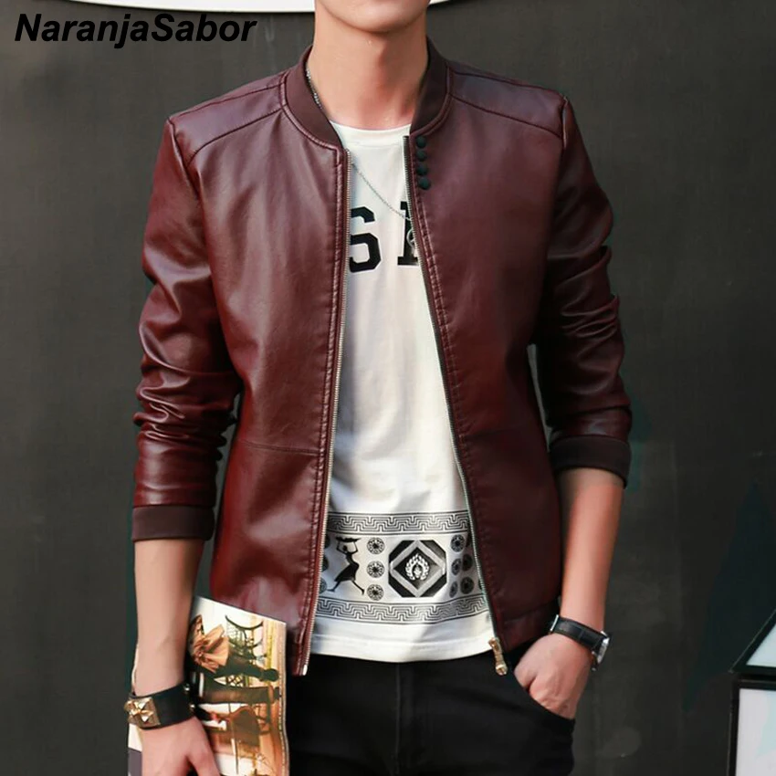 Goedkoop NaranjaSabor 2019 Nieuwe mannen lederen Jas PU Mode Lente Herfst Jassen Faux Leather Slim Fit Mannelijke Motorfiets Jassen N559