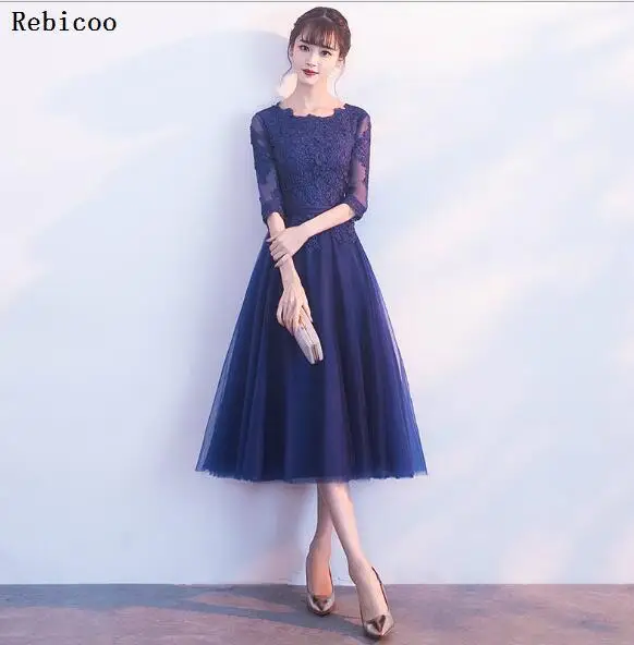 Новое поступление короткие кружевные сексуальные платья с коротким рукавом Vestidos вечерние платья - Цвет: Синий