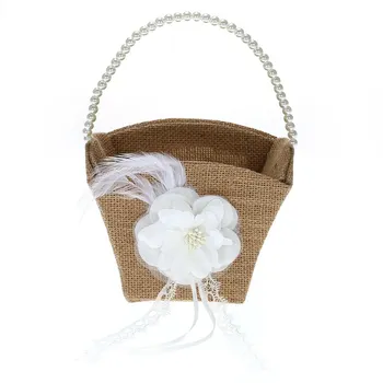 

Vintage Rustic Wedding Burlap Flower Girl Basket Artificial Pearls Decor Vintage Decor Rustic Wedding Burlap Flower