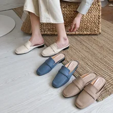 Brief mules sewing woman shoes flats solid leather slippers close toe slingback slides casual comfy flipflops femme fashion