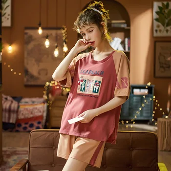 

2020 New Summer Pajamas Short Sleeve Shorts Lovely Nightgown Fashion Print Loose Sleepwear Cotton Round Neck Casual Pajamas Sets