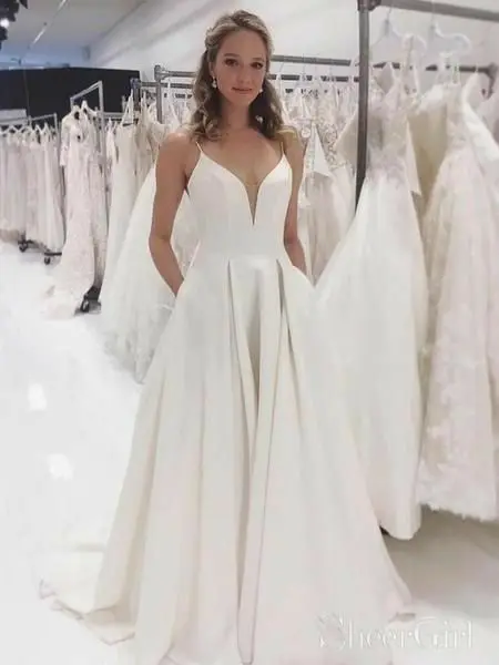 

Retro A-Line V-Neck Long Satin Wedding Dresses with Pockets Spaghetti Zipper Back Sweep Train Bridal Gowns for Women Custom Made