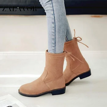 

ZALAVOR Flats Shoes For Women Round Toe Solid Color Lace Up Ankle Boots Winter Warm Fur Daily Fashion Stretch Boots Size 33-43