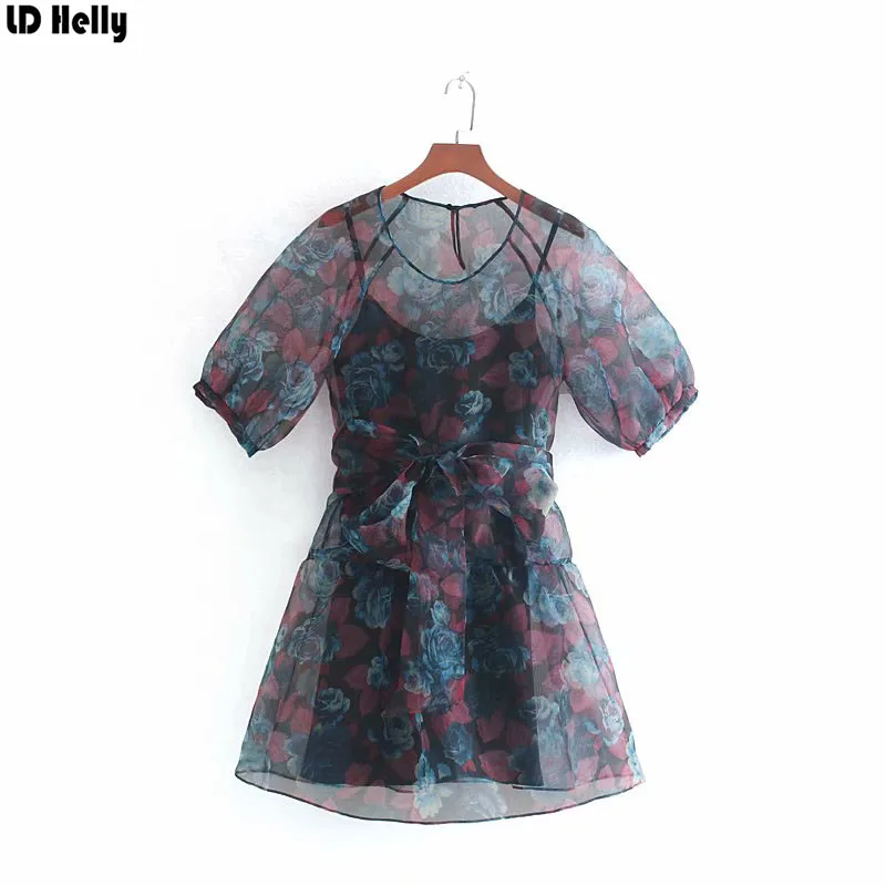 LD Helly женское платье из органзы с цветочным принтом из двух частей летнее платье с круглым вырезом платье с рукавами фонариками платье с галстуком-бабочкой женское платье