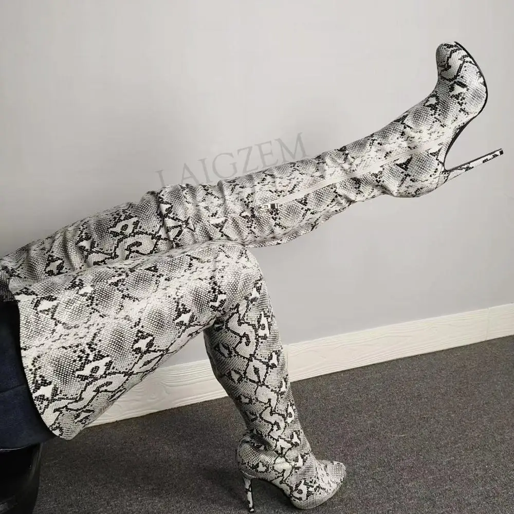 

BERZIMER Women Thigh High Platform Boots Snake Print Heels Stiletto High Heels Zapatos Ladies Female 2021 Shoes Woman Large Size