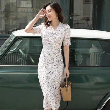 

Dress Wrap Wave Point Short Sleeve Summer White Lady Woman Dots On French Buttons Polyester Fibers (polyest Office Print V-neck