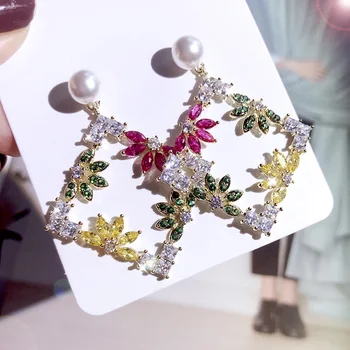 

Fashion Hollowing rhombic Window Decoration colourful Flowers and Plant design Drop Earrings Cubic Zirconia women Party Jewelry