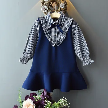 

WLG girls dresses kids fake two plaid dark blue long sleeve dress spring baby girl casual clothes for 2-6 years