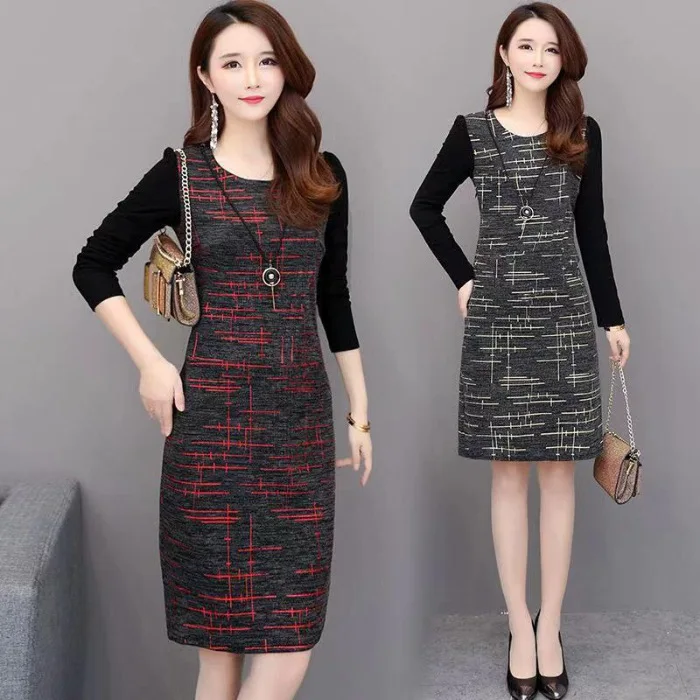 

Large Size Mom Spring And Autumn Fashion Long Sleeve Floral Printed Dress 2019 New Style Middle-aged WOMEN'S Dress Mid-length Wo