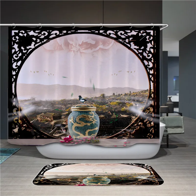 Ocean Dolphin Animal Pattern Polyester Shower Curtain Bathroom Waterproof Belt 10 Hook Shower Curtain for Home Decor