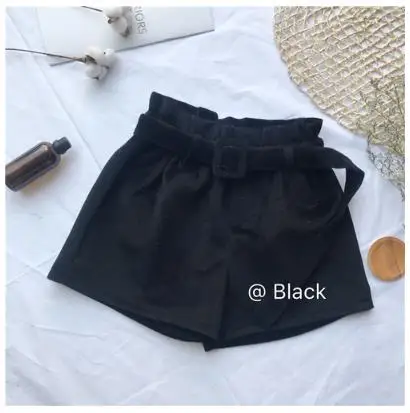 Black Шерстяные плотные женские свободные весенние шорты с поясом, женские шорты с эластичной резинкой на талии, Осенние винтажные плотные шорты с высокой талией - Цвет: Black