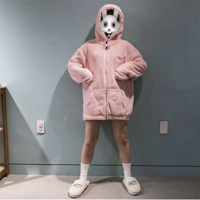 Харадзюку Винтаж корейский стиль kawaii милый карамельный цвет розовый негабаритный свободный унисекс с капюшоном на молнии зимнее пальто для женщин Женский YQ-1097