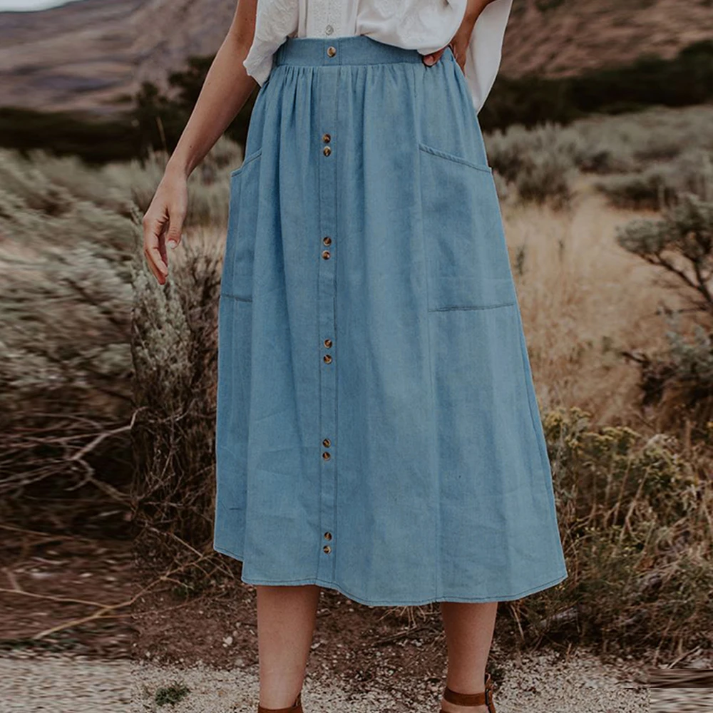 

2020 Summer Casual Skirts For Women Midi Mid Calf Korean Elegant Button Skirt With Pockets Solid Color Female Pleated Skirt D30