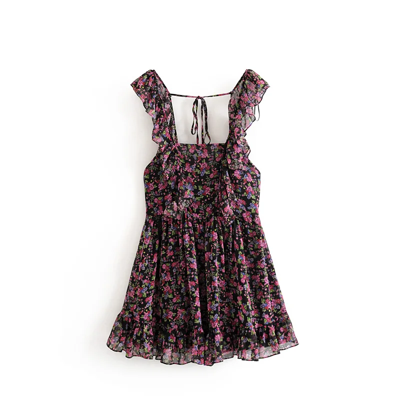 Sexy Women Square Collar Pleated Dresses 2019 Vintage Chic Floral Print Ruffles Strap Mini Dress Casual Vestidos Mujer | Женская одежда
