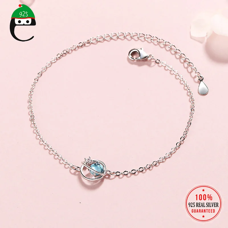 Elfoplatasi 925 Твердые Настоящее Стерлинговое Серебро космическая планета браслет 15 см для Для женщин жена Девушки Леди тонкой Серебряные ювелирные изделия ED300