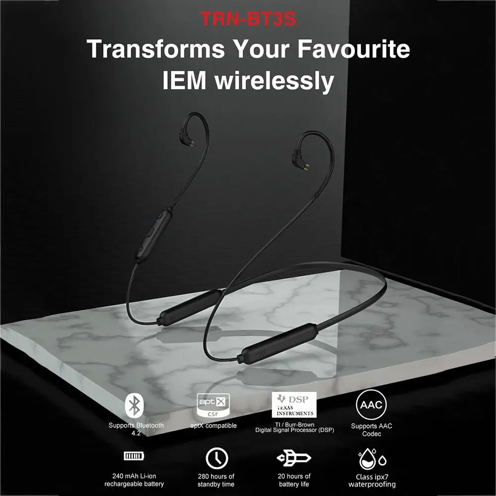 For TRN BT3 Wireless Sport Bluetooth 4.1 Earphone Cable Hifi Sound 2 Pin Charging Cable For Revonext QT5 TRN X6/ IM2/V80