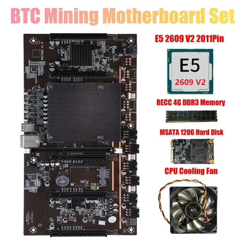 X79 H61 BTC Mining Motherboard 5X PCI-E Support 3060 3070 3080 GPU with E5 2609 V2 CPU RECC 4GB DDR3 Memory 120G SSD+Fan | Компьютеры и