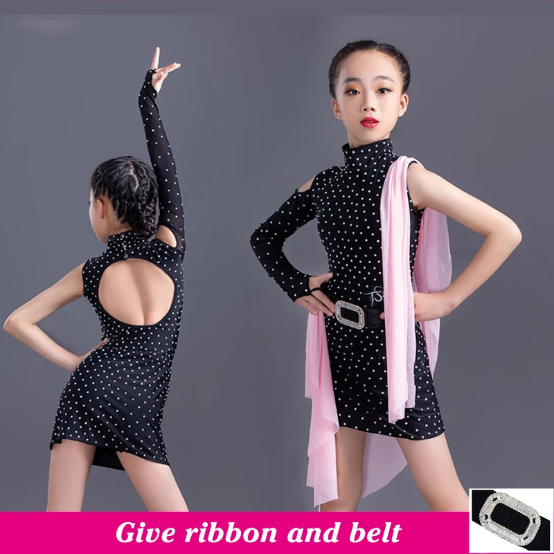 

Платье для латинских танцев для девочек черное платье стразы с открытой спиной детское платье для соревнований Танго самбы комплект одежды для латинских танцев 4567