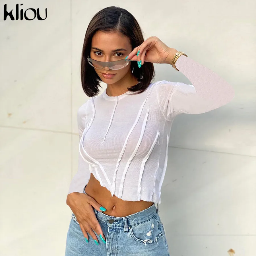 Kliou-suéter acanalado de algodón para mujer, suéter acanalado asimétrico, sudadera lisa, corte cónico, ropa de calle de otoño