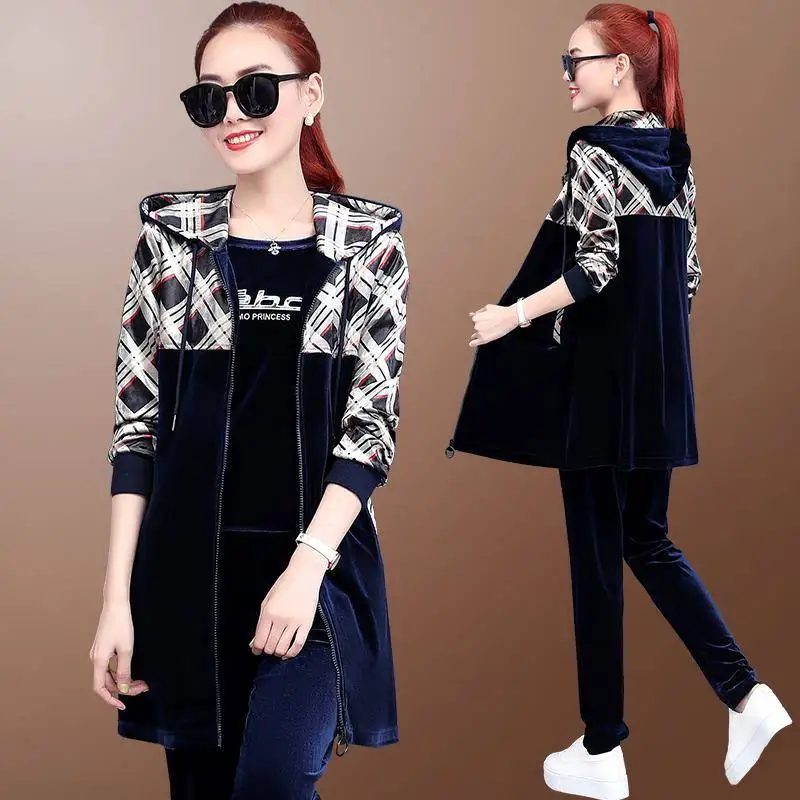 navy blue Модные Повседневные бархатные женские спортивные костюмы, Велюровый костюм, длинная куртка и толстовки, топы и спортивные штаны, комплект из 3 предметов - Цвет: navy blue