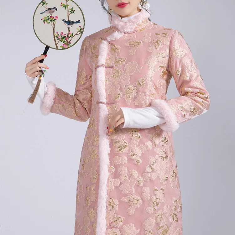 

Zeho Hall 2019 Autumn & Winter New Style Pink Real Silk Jacquard Mid-length Cotton-padded Jacket Coat Literature And Art Zen Ser