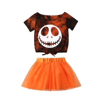 

1-4Y Kids Baby Girl Short Sleeve Skull Print T-shirt Tops Tutu Skirt 2PCS Outfits Halloween Clothes Set