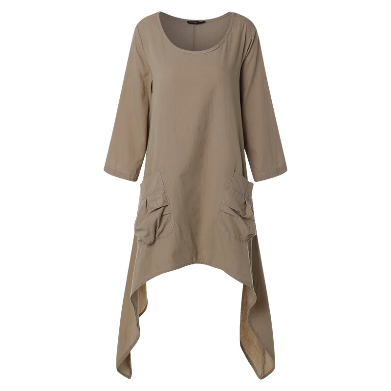 Винтажные женские блузки больших размеров, S-5XL cellumia,, летние женские длинные рубашки с коротким рукавом, повседневные свободные Асимметричные Блузы - Цвет: Khaki