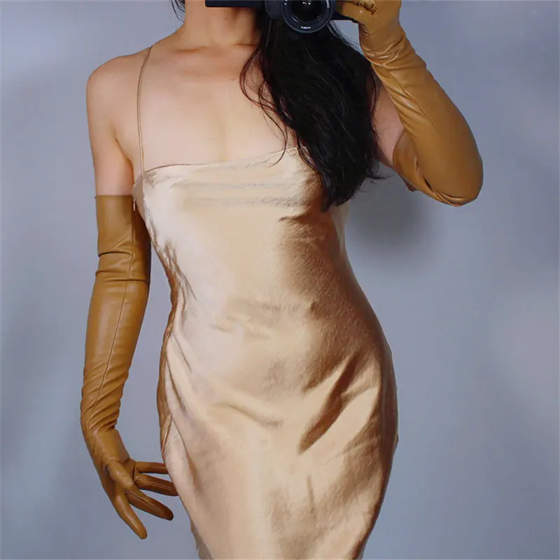 60cm light brown Очень длинные кожаные перчатки длиной 70 см, имитирующая кожу овчины, телесный светильник, коричневый рис, верблюд, молочный чай, цвет женский WPU39 - Цвет: 60cm light brown