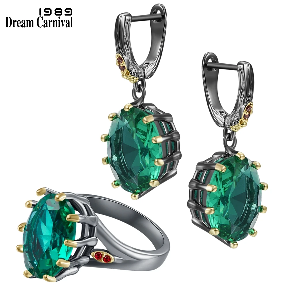 

DreamCarnival1989 Big Green Zircon Ring Earrings Set for Women Delicate Fine Cut Dazzling Prong Bridal Jewelry Hot Sell ER4034S2