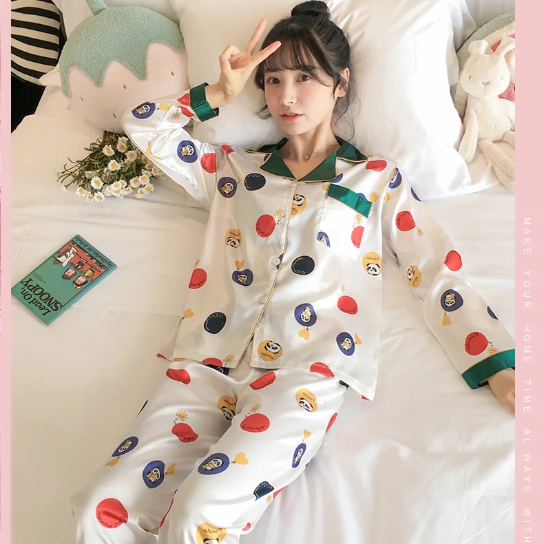 

Spring And Autumn Pajamas Long-sleeve Suit Viscose Sexy Loose Korean-style Summer Thin Model Silk-Outer Wear Tracksuit