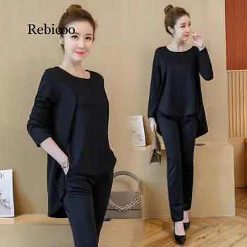 

Autumn Black Blue Casual Women Set Long Sleeve Fake Two Piece Tops+pants Women Suit Sets Plus Size Women's Costumes