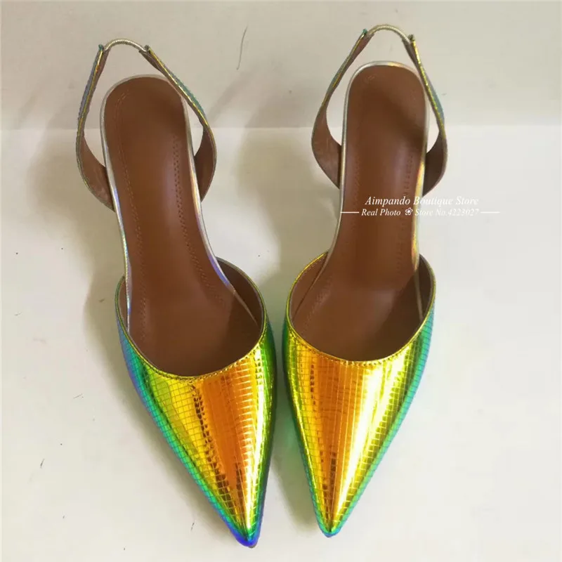 Блестящие цветные босоножки; Новинка; пикантные туфли на высоком каблуке с острым носком; обувь для вечеринок в мелкую клетку с металлическими вставками; Sandalias Mujer