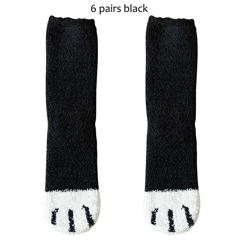 6 пар/лот, новые женские носки для сна с милым рисунком когтей кошки, женские теплые зимние толстые коралловые бархатные носки-Тапочки - Цвет: 6 pairs black