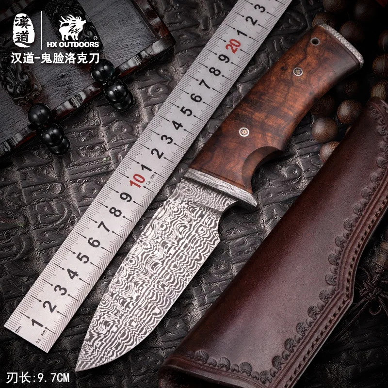 

Outdoor Straight Knife Damascus Ghost Face Rock Collection Tool Leather Knife Selling Desert Wood Handle Ornamental Knife