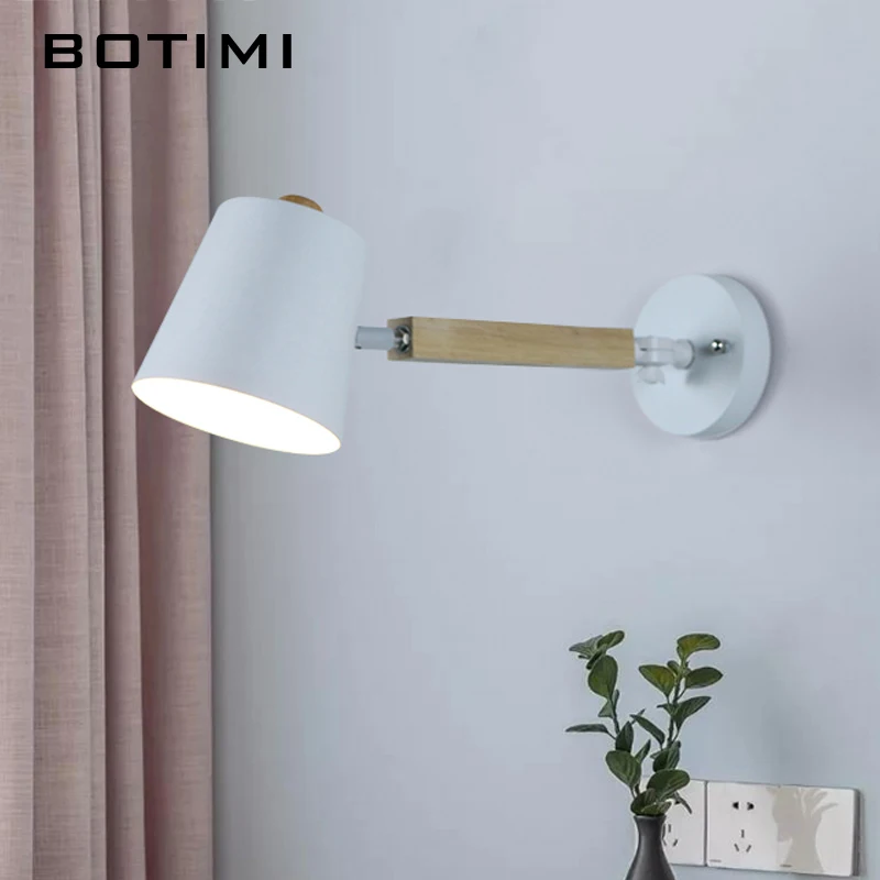 Современный светодиодный настенный светильник BOTIMI с металлическим абажуром для спальни, деревянные настенные бра для чтения, регулируемые прикроватные светильники