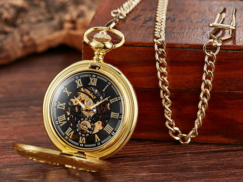 Golden Gold Mechanical Hand Wind Pocket Watches Blue Roman Numeral Dial Mechanical Flip Watch Men Clock With Fob Chain Gift Box