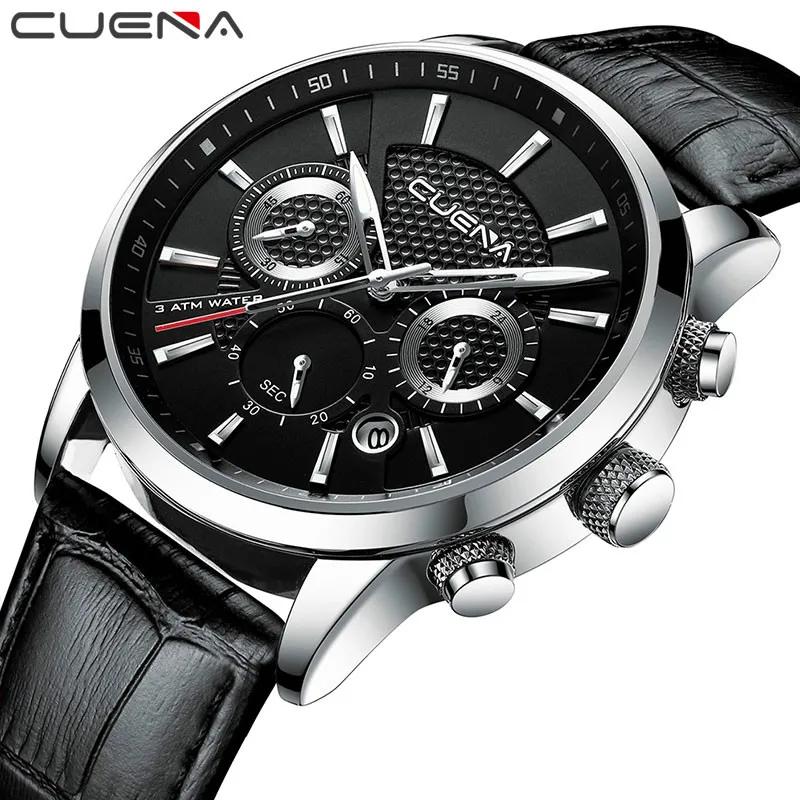 

CUENA Mens Watches Top Brand Luxury New Fashion Men Quartz Watch Date Chronograph Leather Strap Outdoor Sports Watch Unique