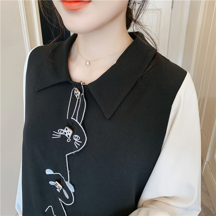 L-4XL размера плюс женское платье Kawaii осень Мода фонарь длинный рукав пэтчворк милый мультфильм Вышивка повседневные платья