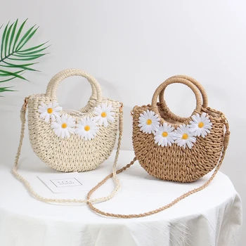

sweet daisy floral rattan women handbags wicker woven lady shoulder crossbody bags summer beach purses female baskets totes 2020