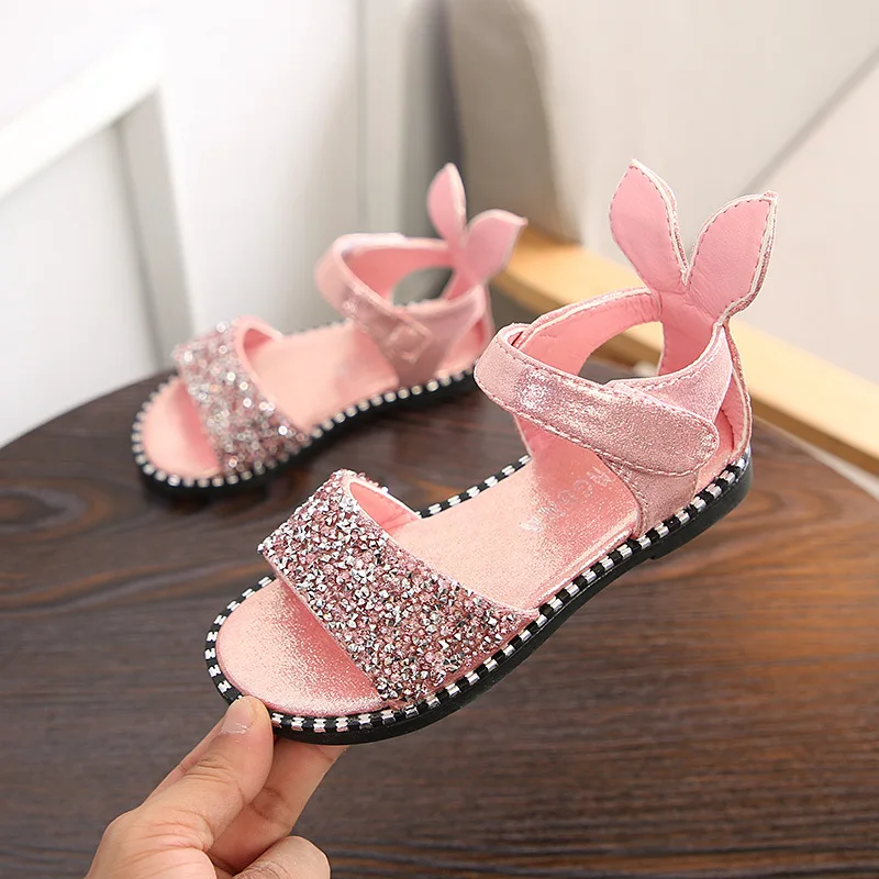 

Summer Children Sandals Toddler Girl Pink White Bunny Ears Princess Shoes Baby Soft Bottom Non-slip Rhinestone Open-toe Sandals