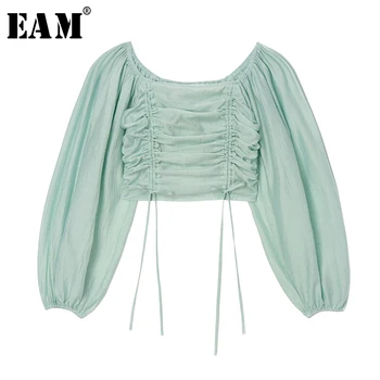 

[EAM] Women Blue Drawstring Pleated Blouse New Slash Neck Long Sleeve Loose Fit Shirt Fashion Tide Spring Summer 2020 1U407